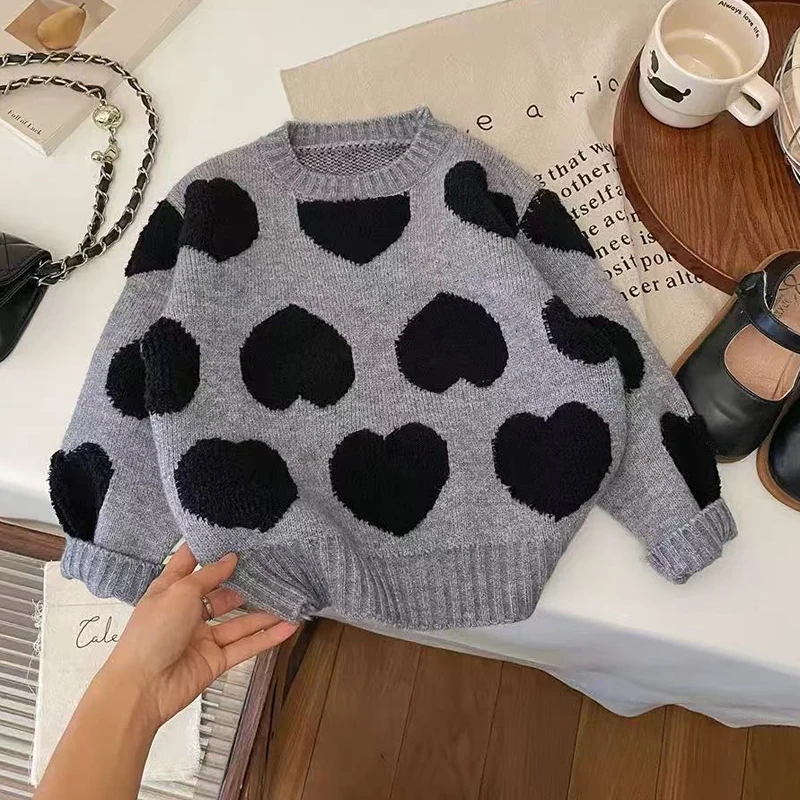 Spring Autumn Winter Girls Sweater Heart-shaped Print Long Sleeved Knitted Top For 2 3 4 5 6 8 Years Warm Woolen Sweater  125