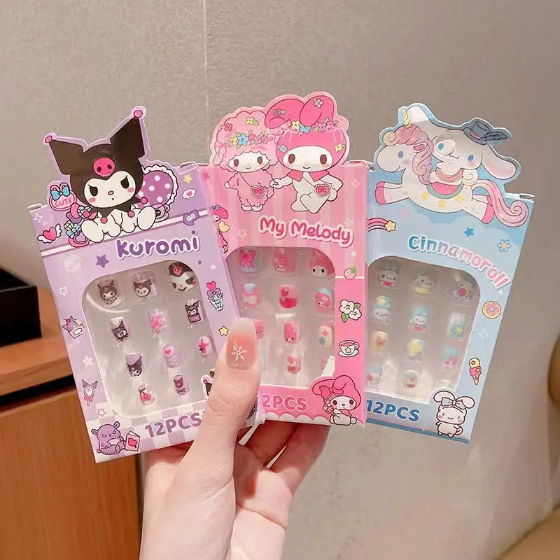 Sanrio parche de uñas para niños, pegatinas de uñas de dibujos animados de Hello Kitty Kuromi, lindas pegatinas de uñas desmontables para niñas,