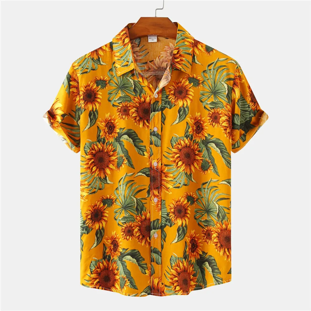 

Yellow Sunflower Floral Hawaiian Shirt Men 2023 Summer New Short Sleeve Button Down Beach Shirts Men Streetwear Casual Clothing