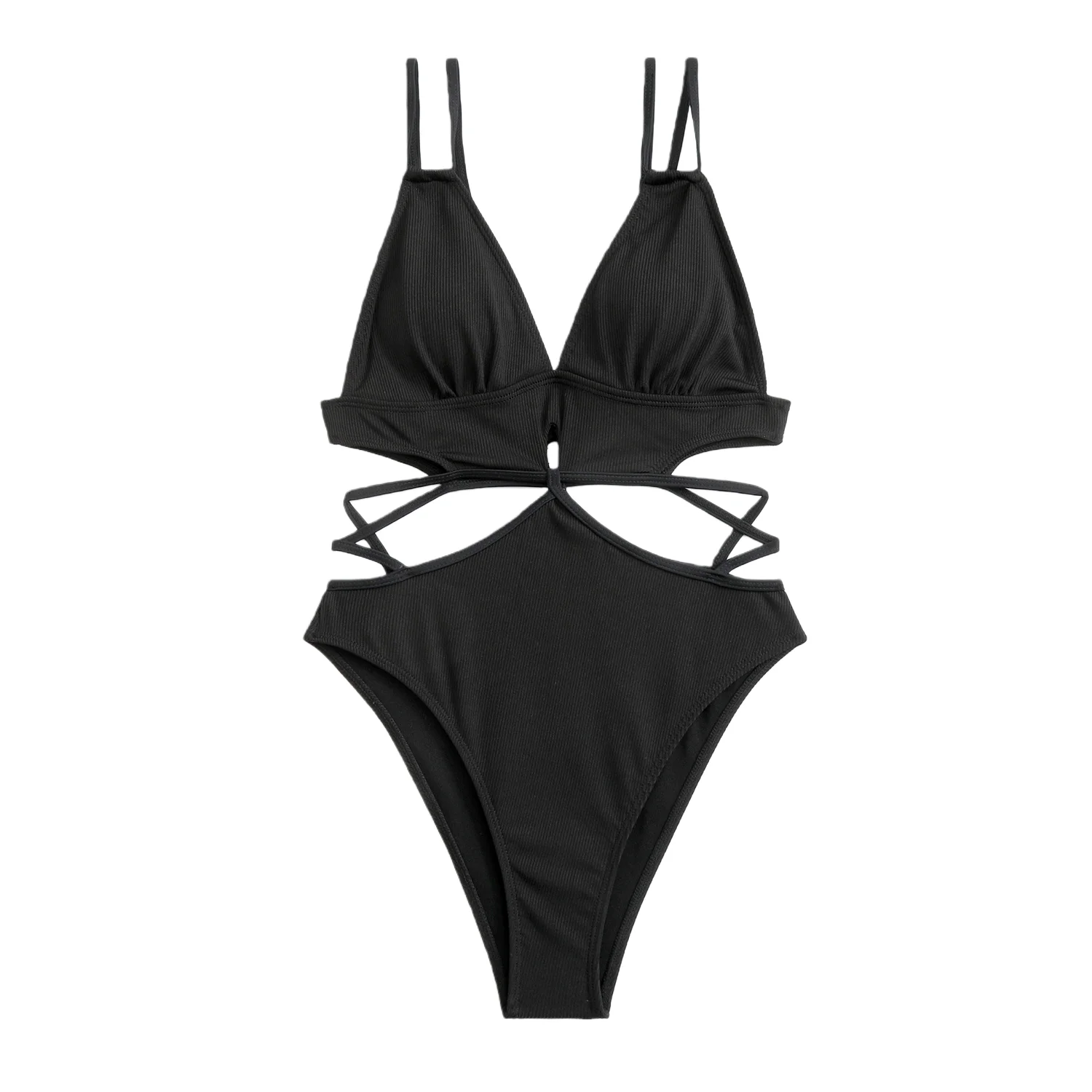 Schwarzer gerippter Bikini für Damen, einteiliger Badeanzug, sexy Criss Cross Neckholder, Bauchkontrolle, Monokini, verstellbar, Strand, solide Badebekleidung