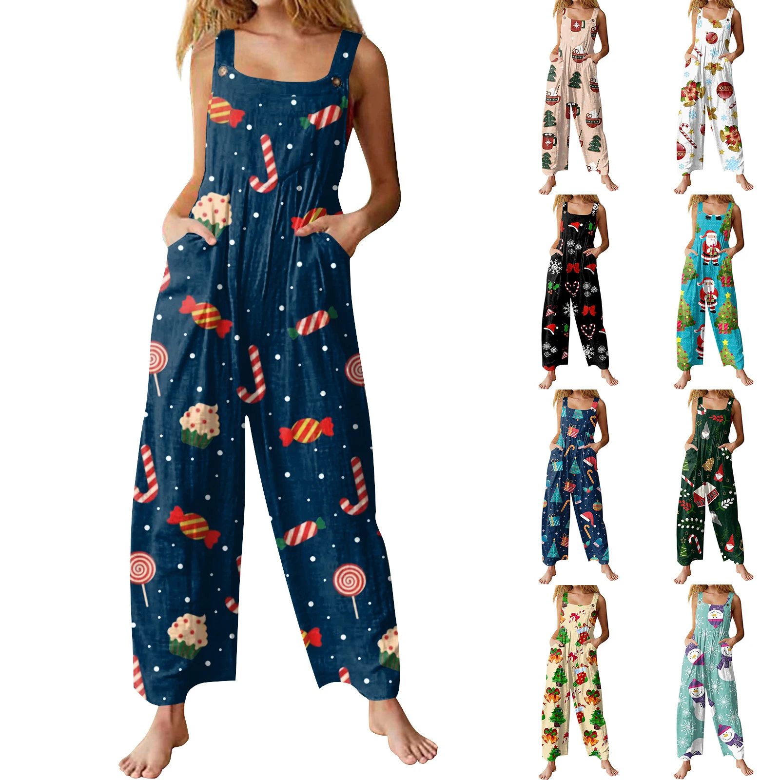 

Christmas Theme Print Casual Retro Sleeveless Jumpsuit Loose Strap Jumpsuit Holiday Party Casual Clothes Jumpsuit Daily Dress up