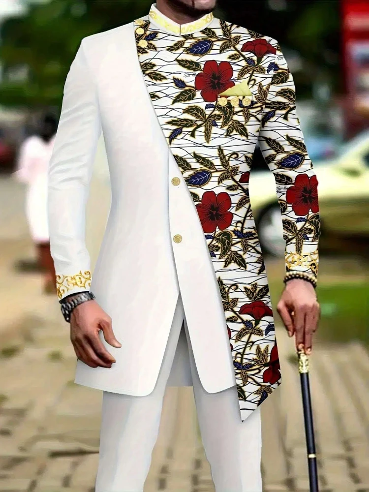 

Men's casual two-piece suit set with long sleeves, mid-length jacket and trousers.