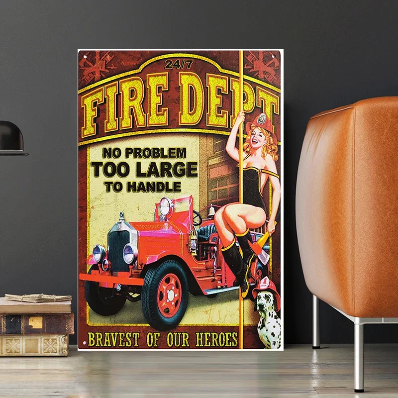 Retro Fire Dept Bravest of Our Heroes Poster Pin Up Sexy Girl Canvas Painting Vintage Wall Pictrue for Cafe Bar Club Home Decor