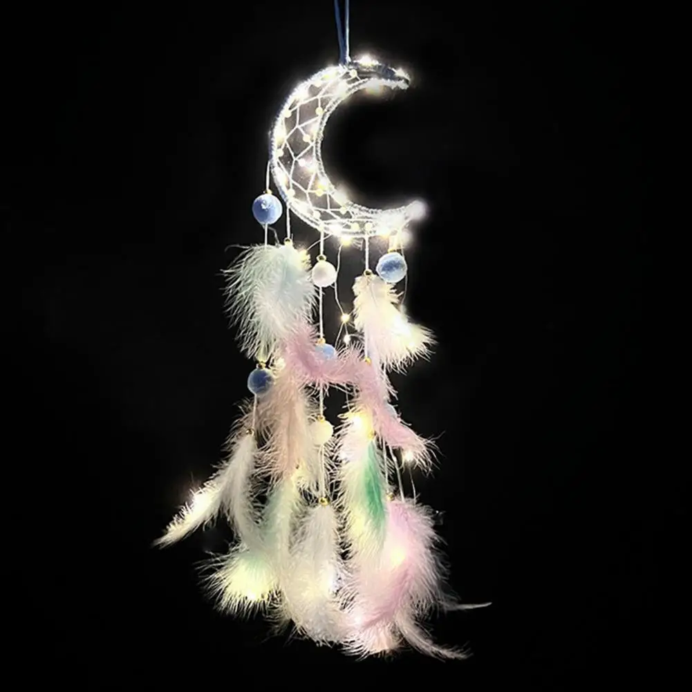 Cat Dream Catcher Handmade Boho Dream Catcher with Colorful Feathers Lamp Strip for Room Girls Bedroom Decor Cat Moon Star Bunny