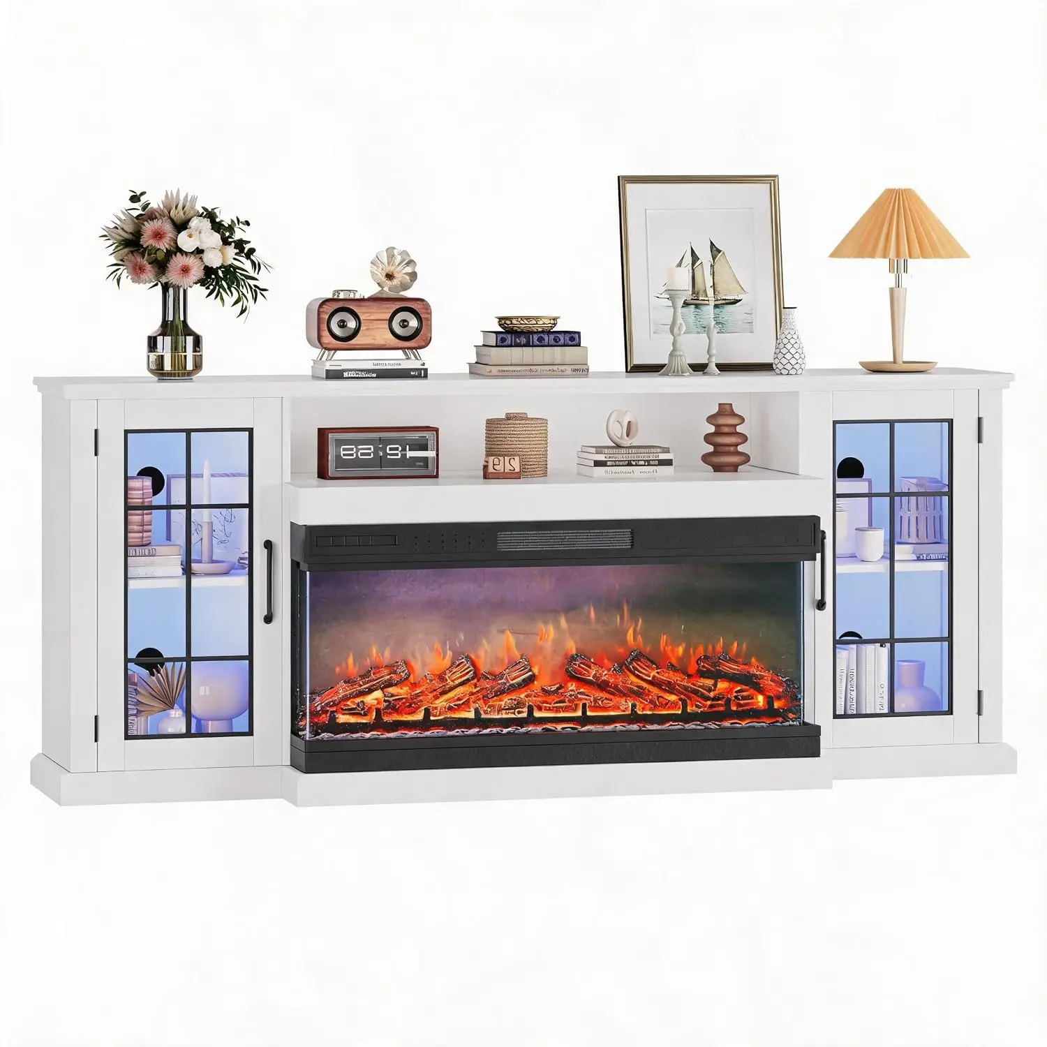 3-Sided Glass Electric Fireplace TV Stand Heater with Remote & LED Flames for Living Room up to 65 Inch TV, Customized