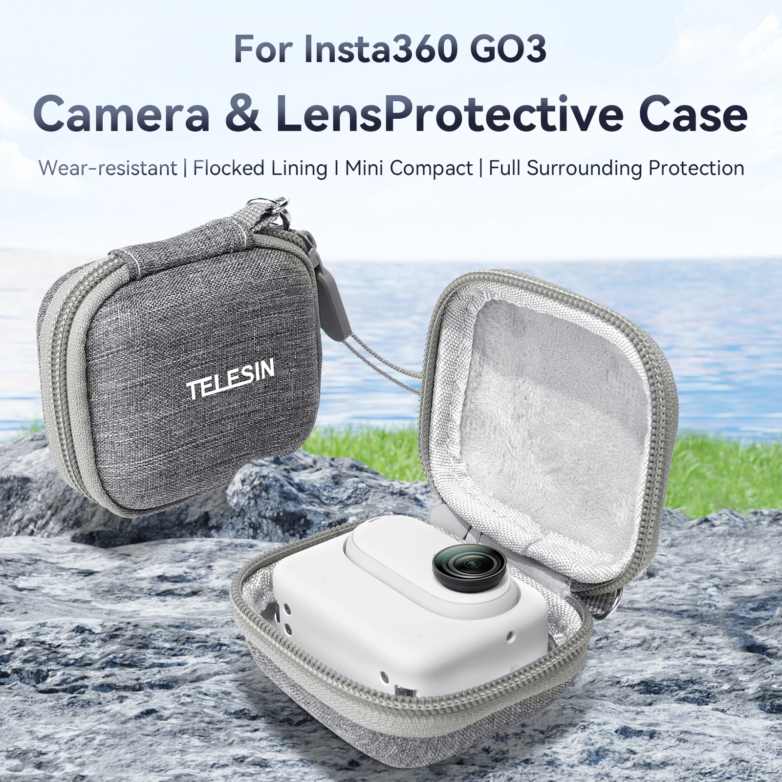 

TELESIN Mini Protective Storage Bag for Insta360 GO3 GoPro 12 Hero 12 11 10 9 Action Camera Waterproof Box Gray