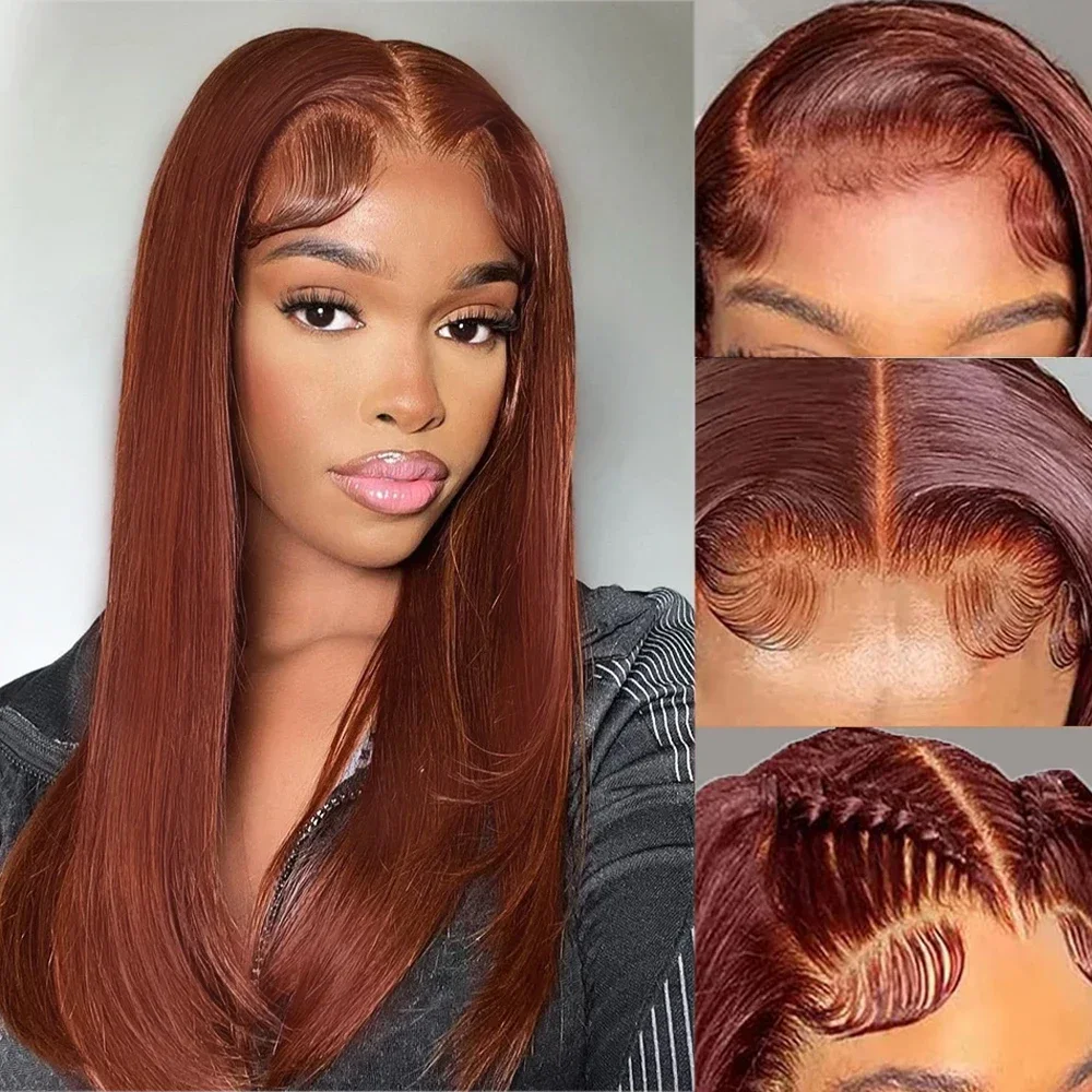 Reddish Brown Layered Lace Front Wigs Auburn Straight Glueless Layered Cut Lace Wigs Transparent Synthetic Butterfly Haircut Wig