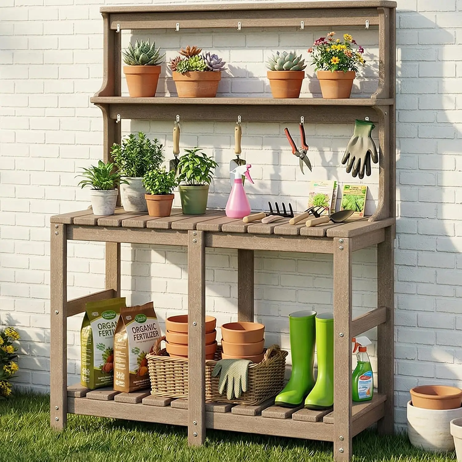 Modern HDPE Potting Bench Outdoor Potting Table With 3 Tier Storage Shelves And Tool Hooks, Heavy Duty All Weather Garden Workstation Table Furniture For Backyard Patio Deck, Brown