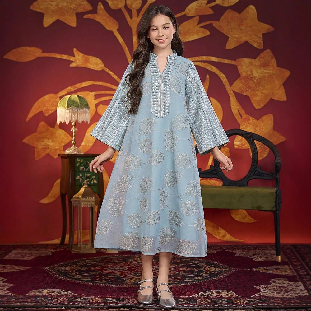 

Morocco Muslim Kids Girls Embroidery Sequins Maxi Dress Robe Ramadan Eid Djellaba Islamic Children Clothing Arabic Abaya Turkey