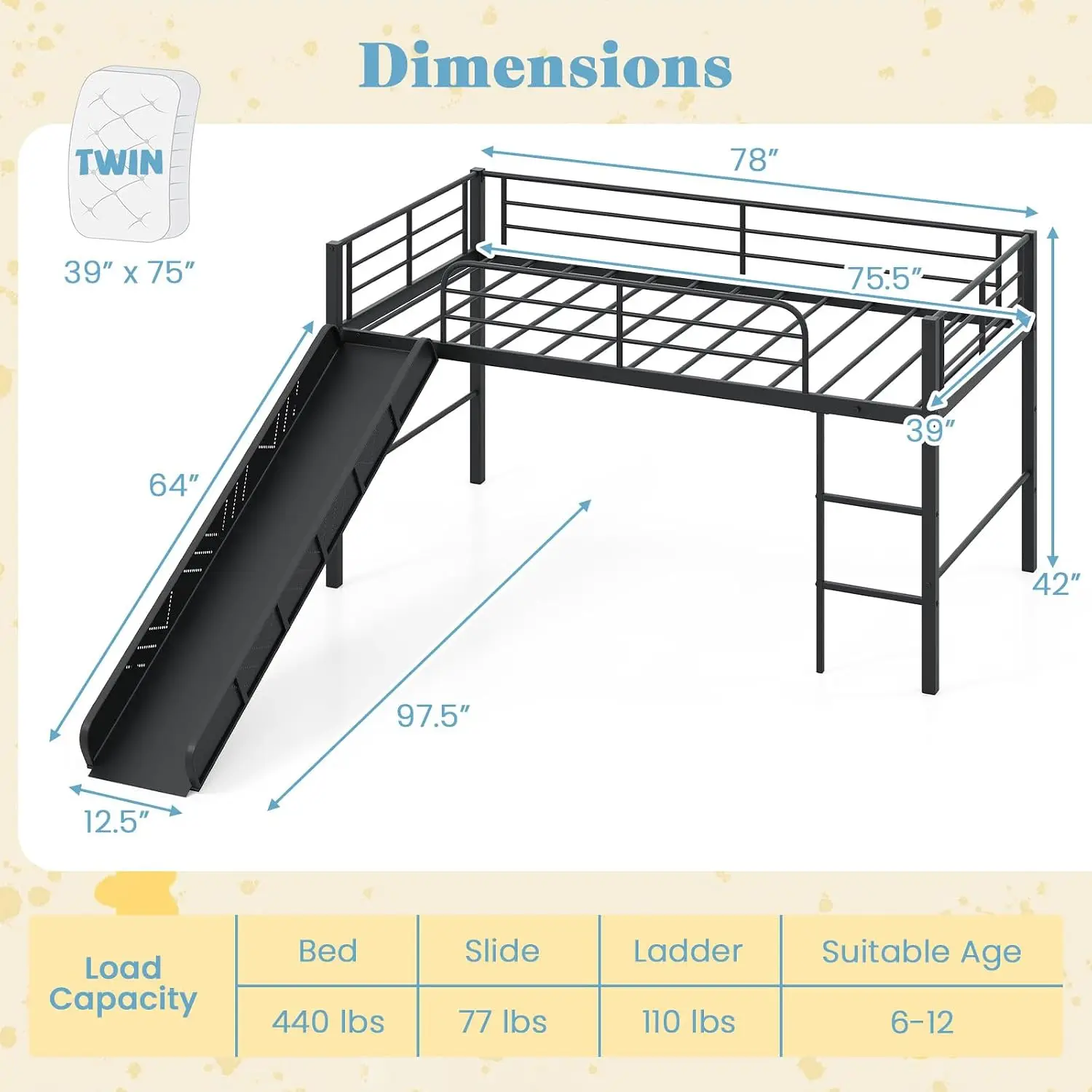 Twin Low Loft Bed with Slide & Ladder, Black Metal Frame with 29.5