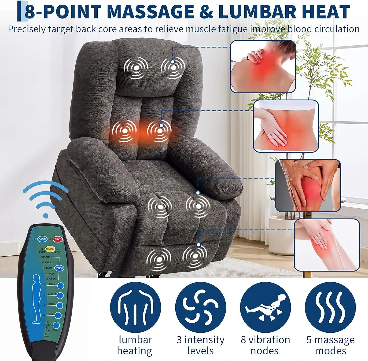 Garvee Power Lift Recliner Chair with Massage and Heat for Elderly Adults Lazy Boy Single Sofa Seat with 3 Positions 2 Side Pockets Cup Holders USB Ports Remote Control