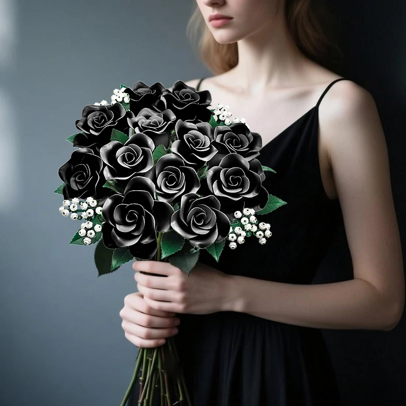 15 zwarte roos bouwboeket, gotische esthetische kamerdecoratie, creatief doe-het-zelf cadeau voor volwassenen en tieners, eeuwige kunstbloemset