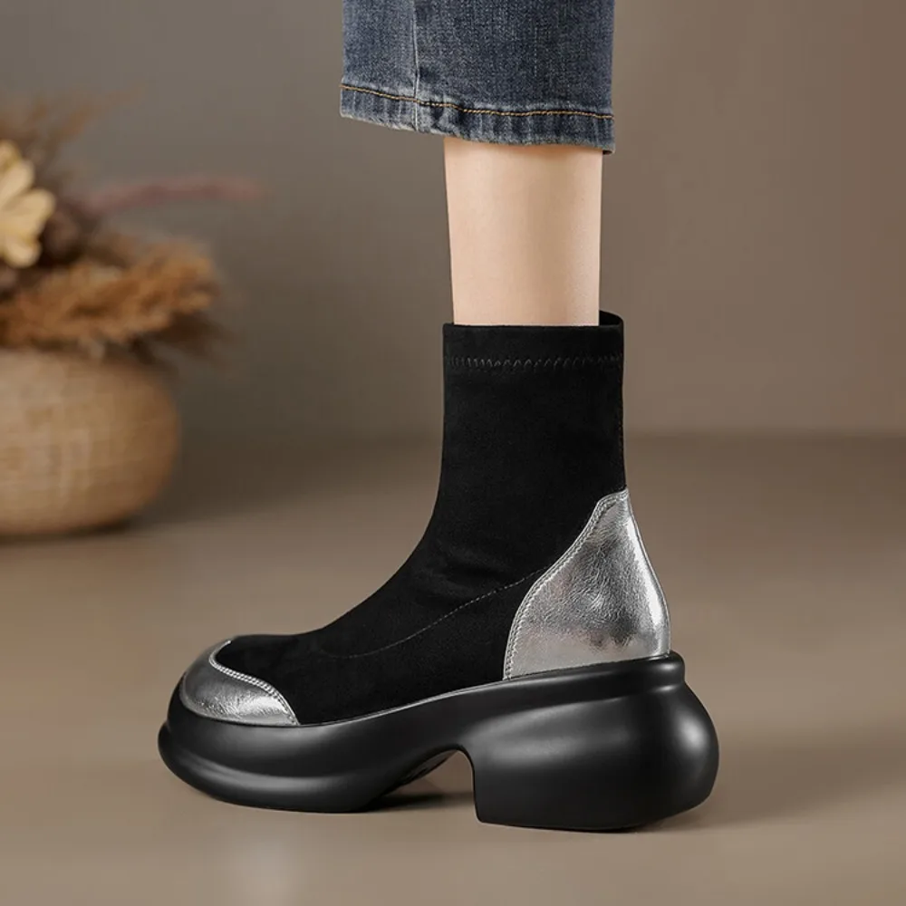 INS Suede Round Toe Thick Soled Wedges Ankle Boots Stretch Women Warm Shoes Winter Slip On Platform High Heels Short Boots image 3