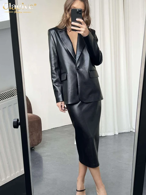 Clacive Fashion Black Pu Leather Skirt Sets For Women 2 Pieces Elegant Long Sleeve Blazers With High Waist Long Skirts Suits AliExpress 200000345