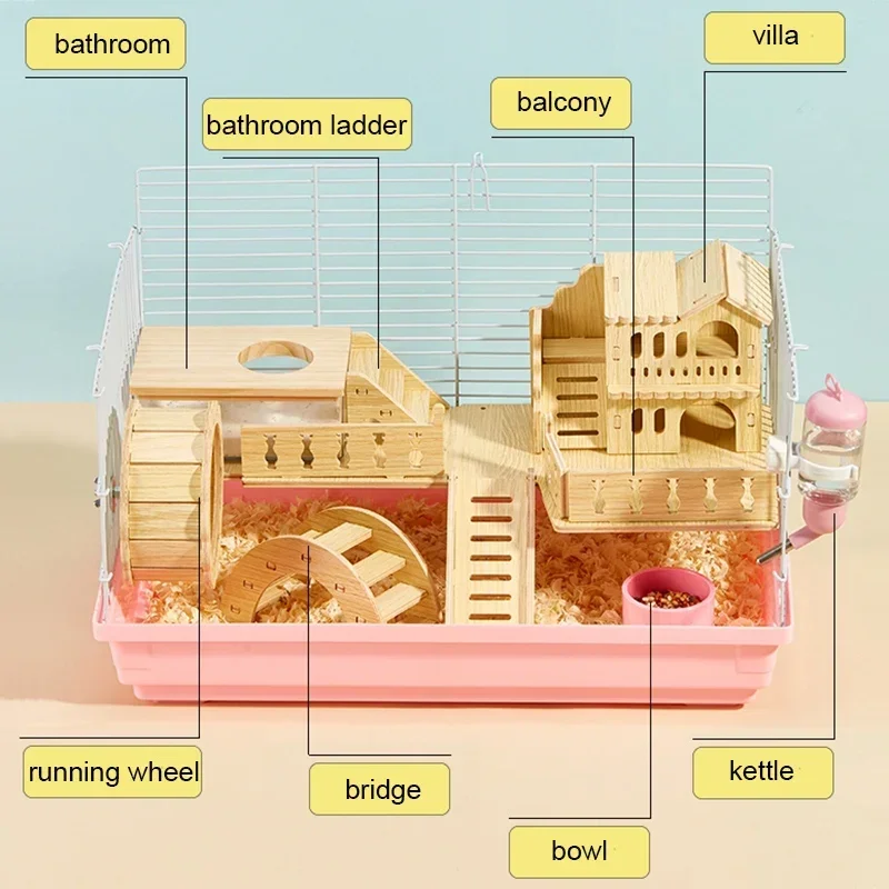 Luxury Hamster Cage Large Space Villa Two Layer Platform Small Animal Hedgehogs Guinea Pig House Stairs Running Wheel Toy Set