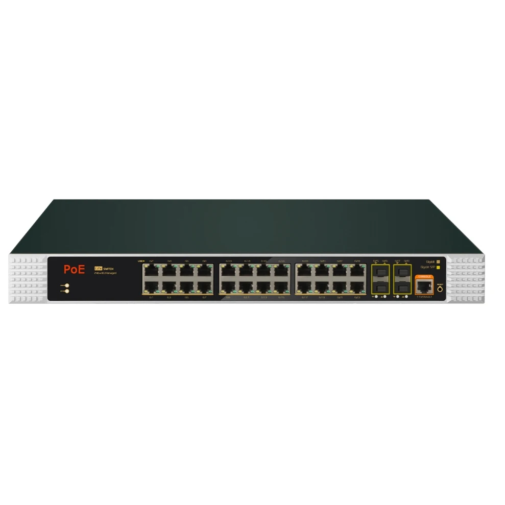 Gigabit 24 Port L2+ Managed Industrial PoE Switch 24 PoE port+4 SFP(VTS) 400W support VLAN Isolation Rack Mount