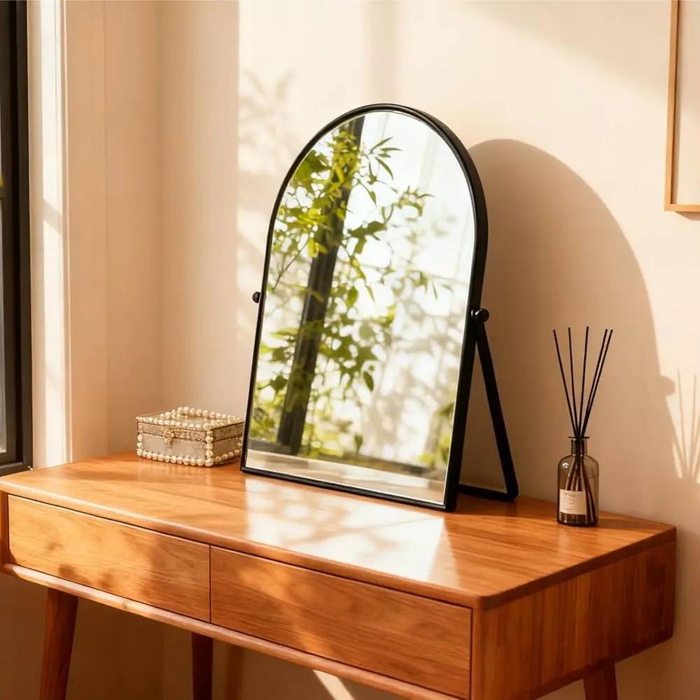 

Black Metal Bedroom Mirror Vanity Countertop Makeup Mirror Arch Makeup Bathroom Mirror Rotation Framed Standing Mirrors 90°Ad