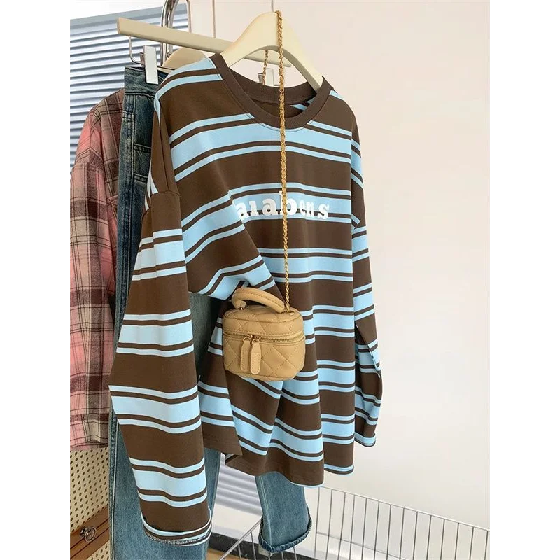 

American Contrast Striped Long-sleeved T-shirt Women's Autumn Design Letter Top Ins