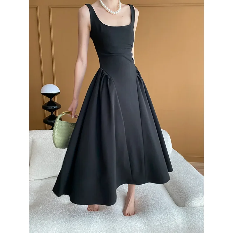 

2024 Original Summer French Square Neck Little Black Dress Vest Dress K070803 Women Black Slim Tank A Line Maxi Dress