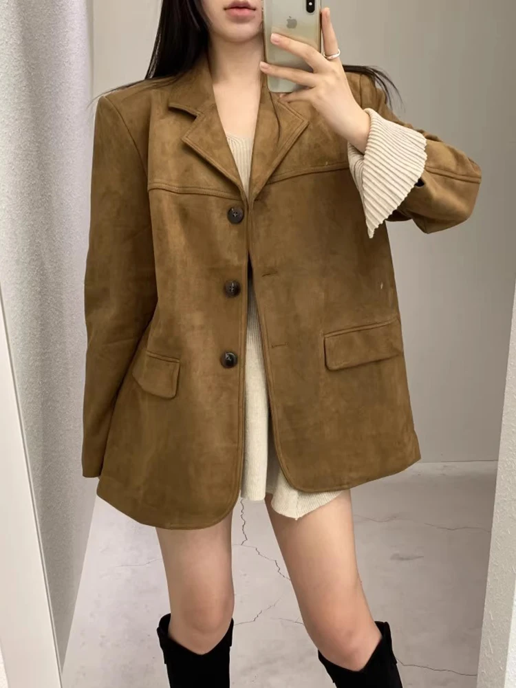 

Шикарное винтажное осеннее женское замшевое пальто с длинными рукавами, свободного кроя, с двумя карманами, однотонное, для повседневной носки