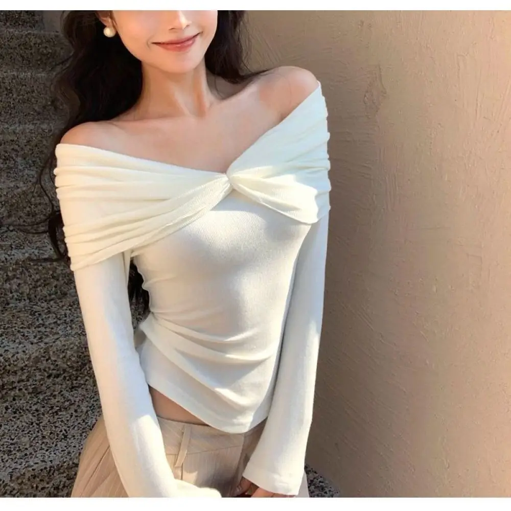 Sexy Slim Fit Long Sleeve T Shirt Women Off Shoulder Elegant Autumn Winter Casual Solid Color Fashion Inner Layer Top