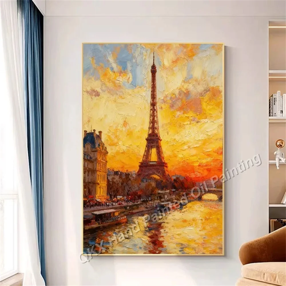 Hand-Painted Oil Canvas Wall Art Thick Texture Seine River Cityscape Decor for Living Room