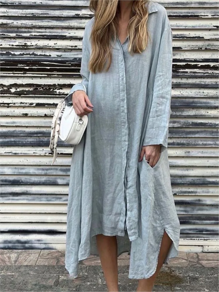 

2024 Autumn New Women's Loose Solid Color Cotton Hemp Long Skirt Fashion Casual Long Sleeve With Pocket Shirt Dress