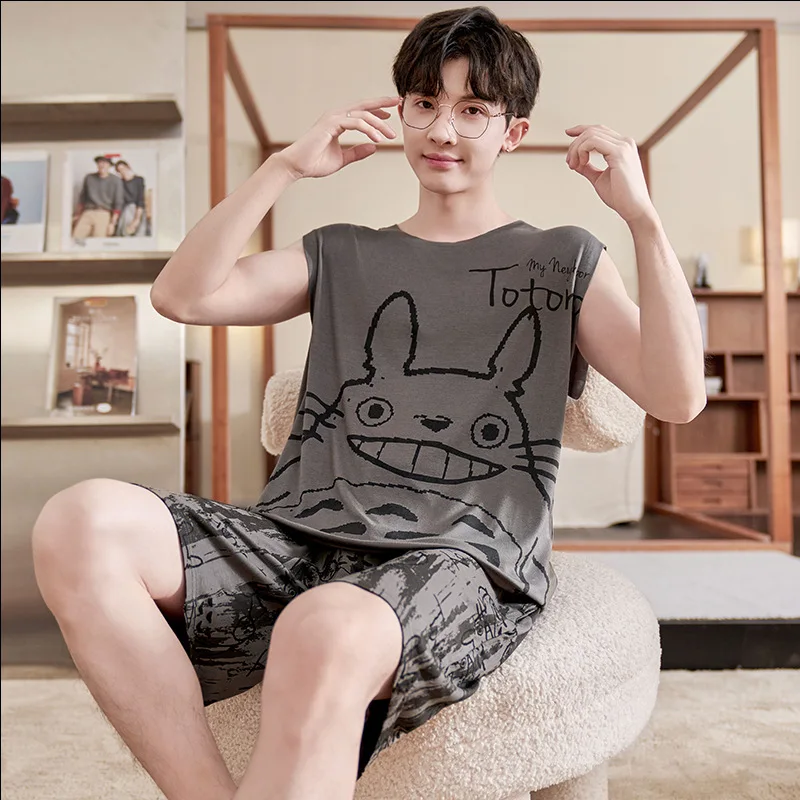 Anime One Piece Luffy Modal Men Pajamas Set Japanese Summer Cute Cartoon Silk Cool Vest Shorts Loungewear Suit Student Homewear