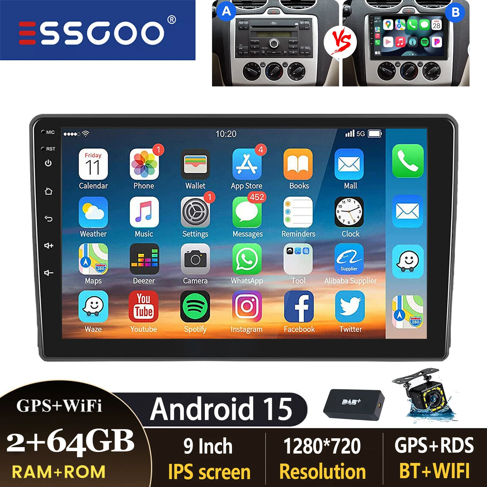 ESSGOO 9 inch autoradio voor Ford Focus MK2 Transit MK7 C-Max S-Max Kuga Galaxy Connect met Carplay, Android Auto, GPS, BT, FM, RDS en SWC