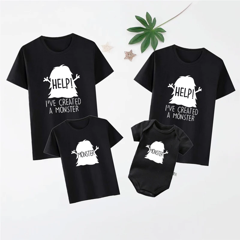 Funny Monster Print Family T-shirts Father Mother Kids Baby Family Matching Outfits Cotton Short Sleeve Summer Holiday Clothes