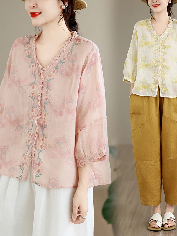 

Retro Artistic Women's Shirt Thin Short Sleeve Floral Print Casual Loose Fit Breathable Summer Fashion Chinese Style Top