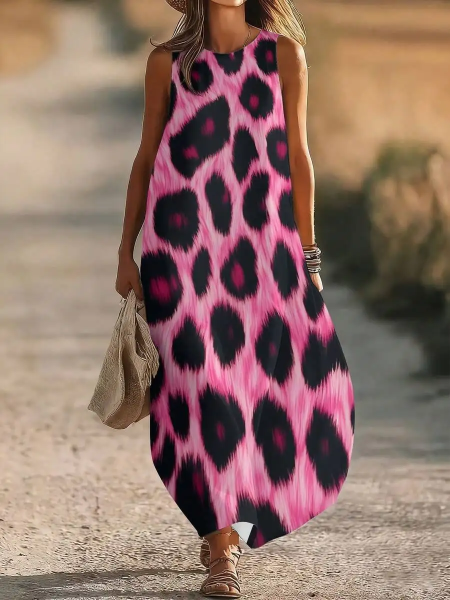

Sleeveless Round Neck Pink Black Leopard Print Knit Maxi Dress Casual Summer Women
