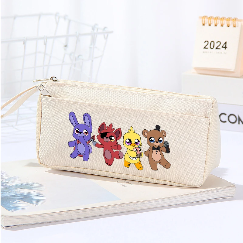 خمس ليال في فريدي 2 مقلمة لطيف أنيمي النايلون القلم حقيبة طالب طبقة مزدوجة سعة كبيرة قلم رصاص الحقيبة أكياس القرطاسية