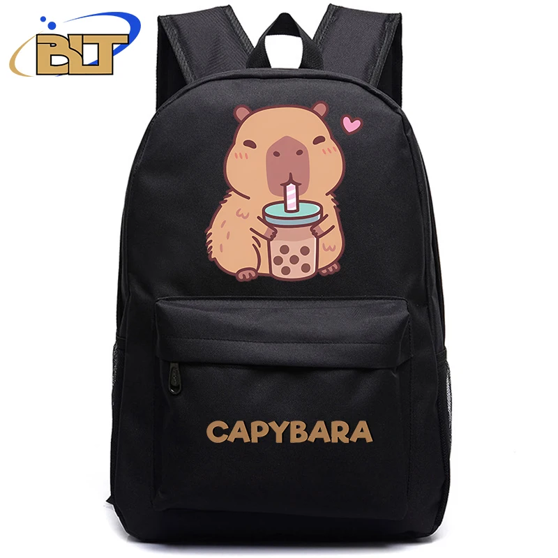 Bonito Animal Capivara Imprimir Mochila Preta, Adolescente Estudante Schoolbag, Meninos e Meninas Presente