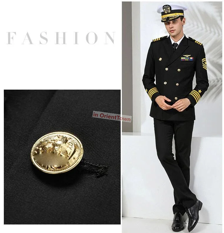 Uniforme azul marino estándar europeo para hombre, ropa militar negra, atuendo Formal azul marino internacional, trajes militares blancos, chaqueta con sombrero y pantalones