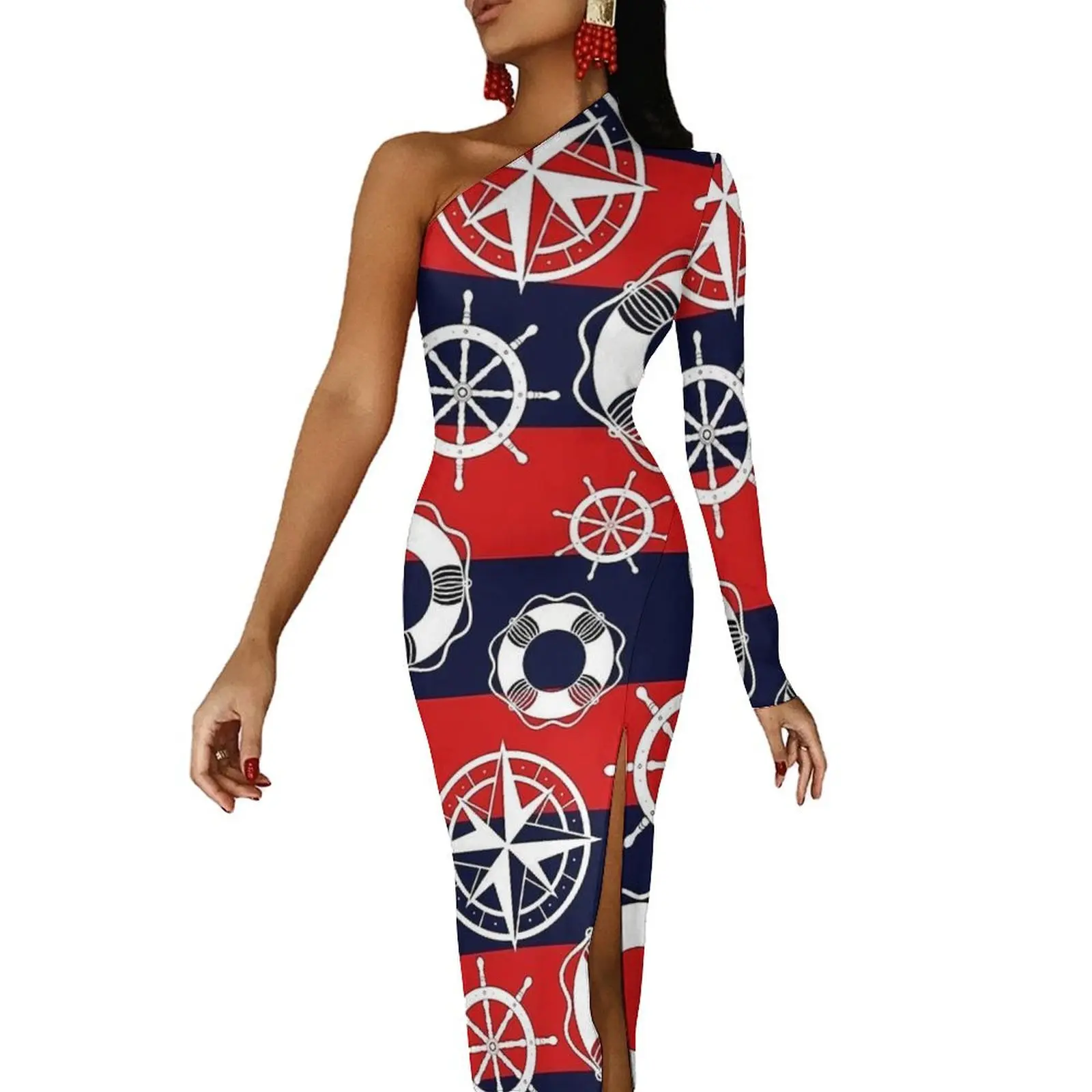 Anchor Bodycon Dress Spring Nautical Marine Kawaii High Slit Long Dresses One Shoulder Design Street Wear Dress