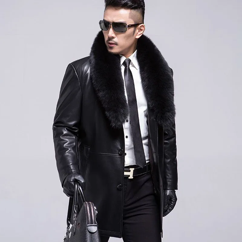 Fox Fur Collar Turn-Down Collar Men Genuine Leather Jacket Long Casual Single Breasted Coats Winter Solid Loose Male Overcoat