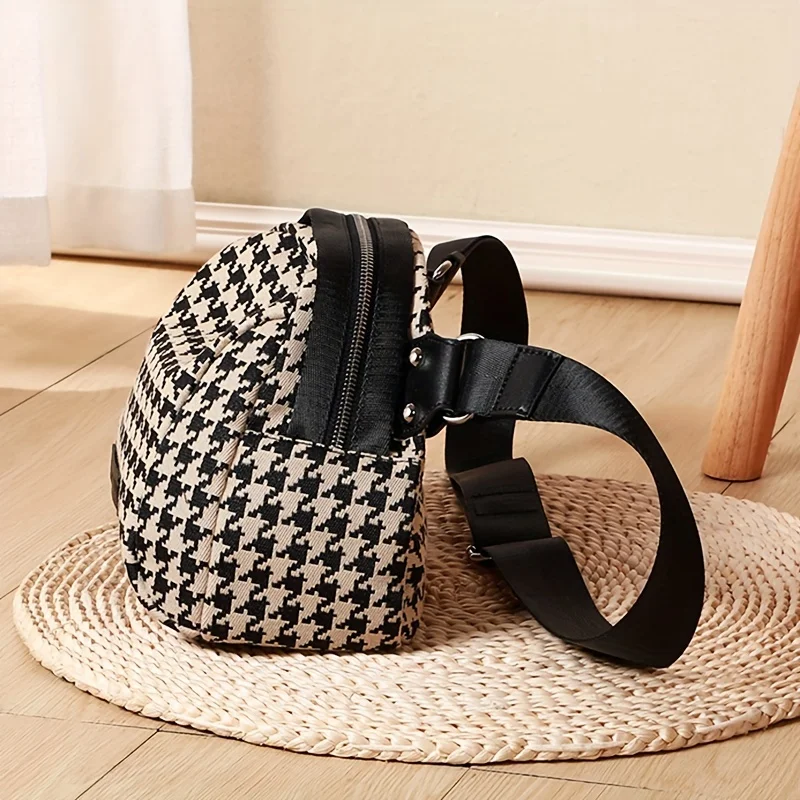 Versatile Houndstooth Canvas Bag for Women Adjustable Strap Secure Zip,Embroidered Detail Perfect for Travel Daily Use Chest Bag