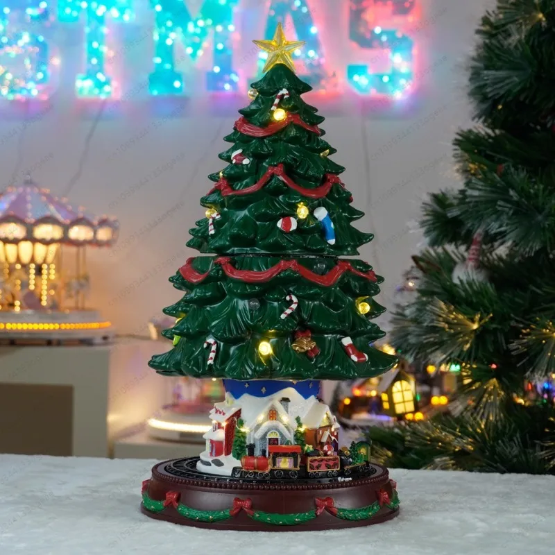 Oversized Christmas Tree Music Box with Rotating Train, Animated Holiday Decor for Home Display