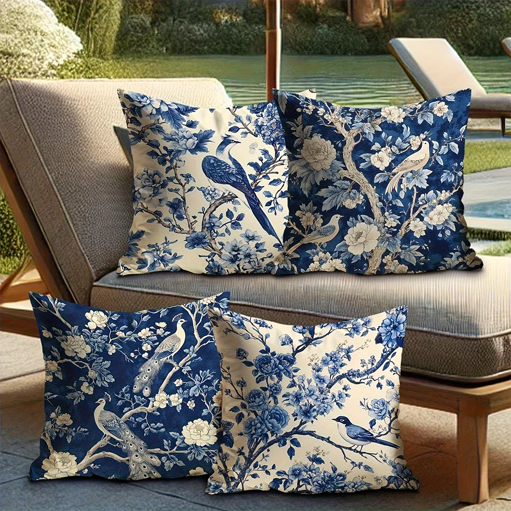1/4pcs 2D Flat- Navy Blue Chinoiserie Peacock and Peony Floral Throw Pillow Cover Home outdoor decoration cushion cover