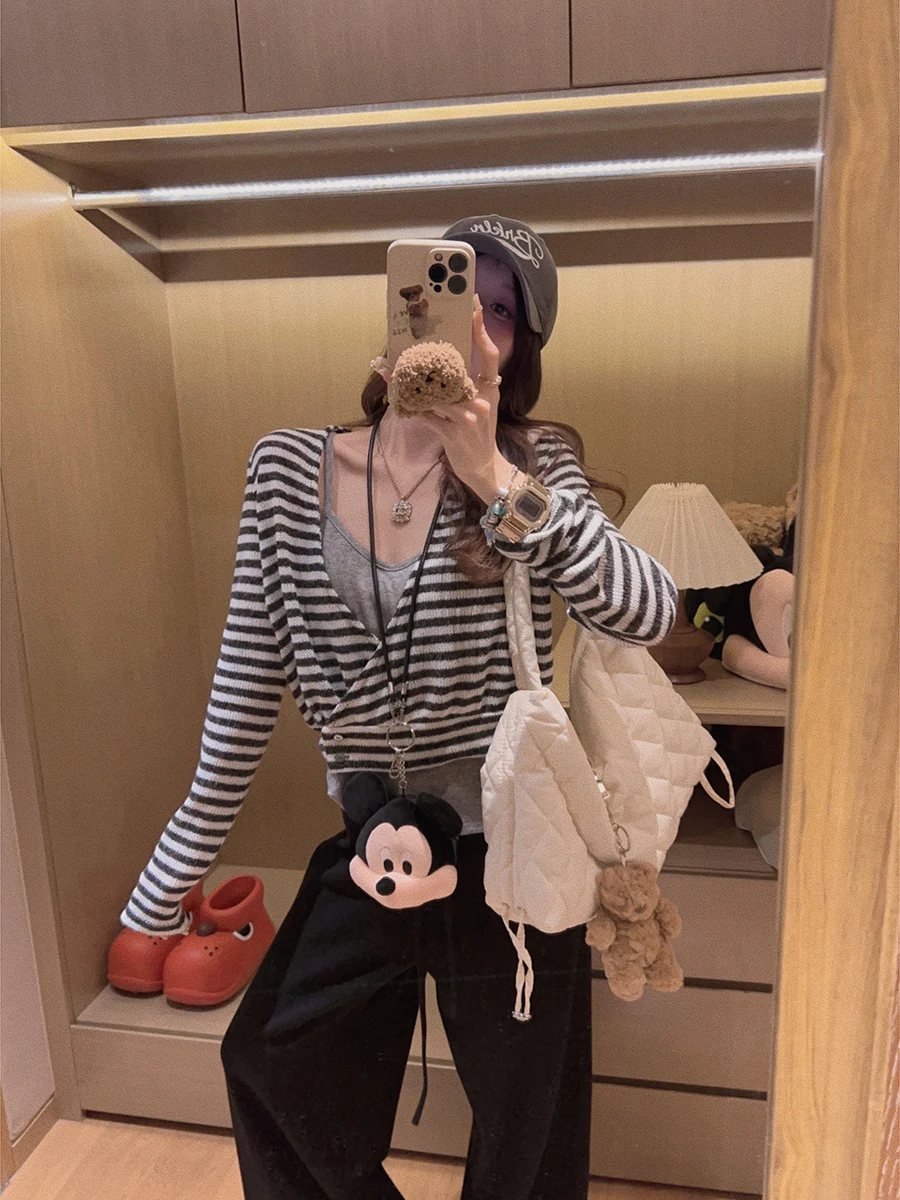 

Комплект Yukiss: вязаный свитер в полоску с V-образным вырезом и топ, повседневный свободный кардиган с длинными рукавами, весенняя модная женская одежда