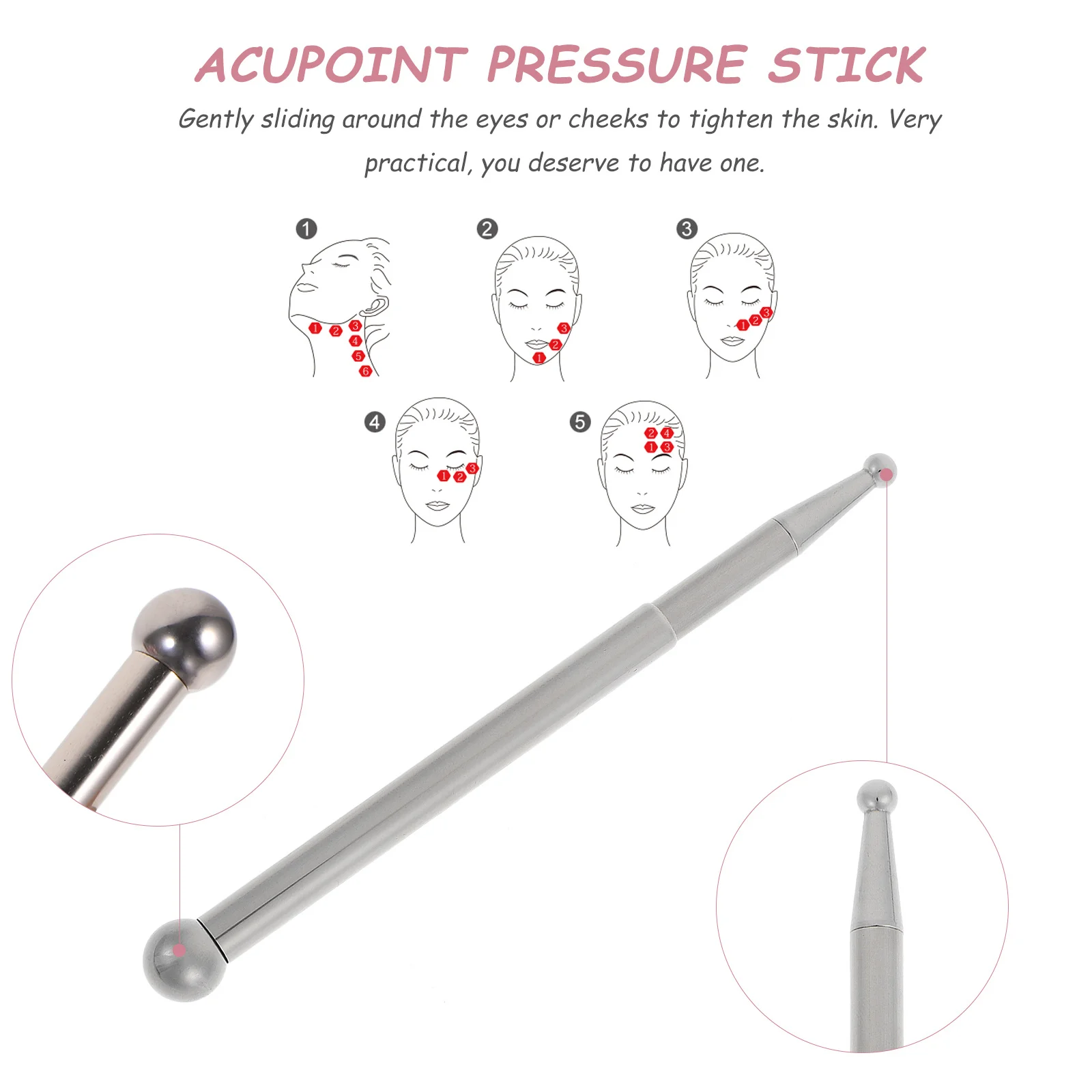 

1 комплект, прижимная палочка для акупунктурных точек, инструмент для массажа лица из нержавеющей стали, серебристая, прочная, для облегчения боли, массажная палочка для мышц