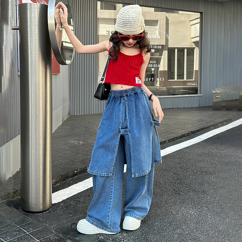2026 Summer Fashion Girls Pants Kids Patchwork Jeans Unique Butt curtain Streetwear Loose Blue Pants for Girl thin denim trouser
