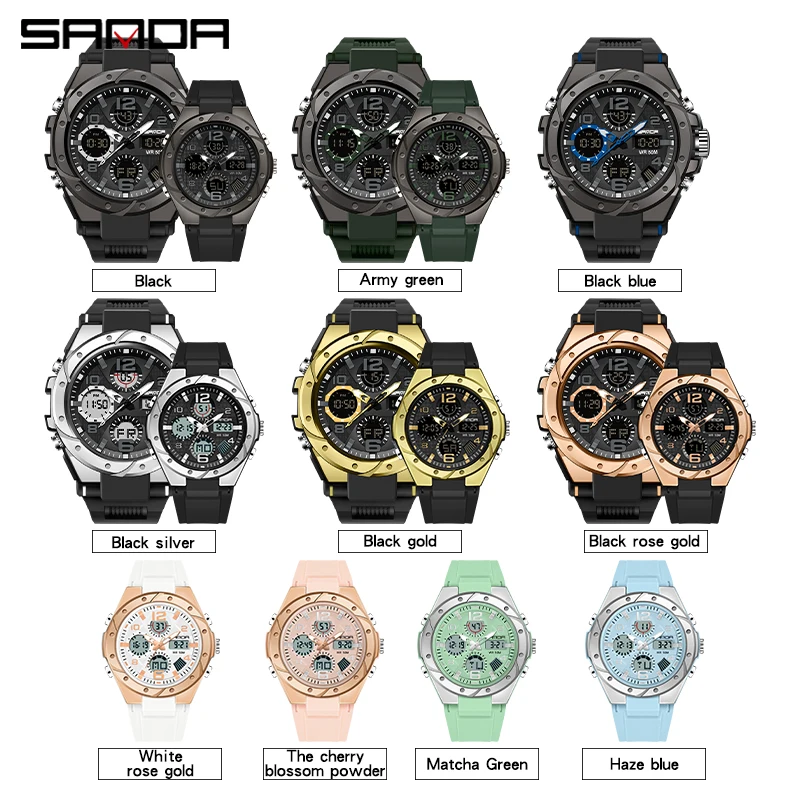 SANDA-ساعة كوارتز مضادة للماء متعددة الوظائف للرجال والنساء ، مضيئة ، حركة مزدوجة ، إلكترونية ، زوجين ، موضة ، 6008 ، 6062