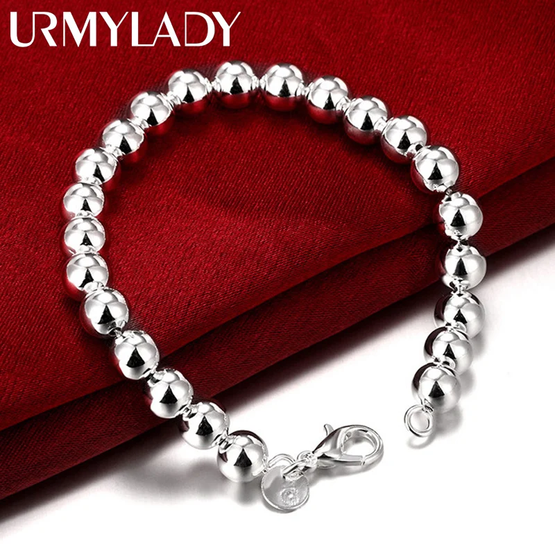 URMYLADY 925 Sterling Silver 8mm Smooth Beads Chain Bracele For Women Fashion Wedding Engagement Party Jewelry