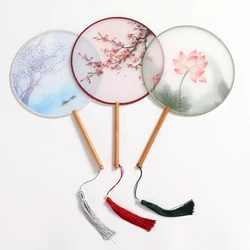 Chinese Round Hand Fan Vintage Printing Silk Fan Ancient Tassel Dance Hand Fan Cheongsam Tang Suit Wedding Party Accessories