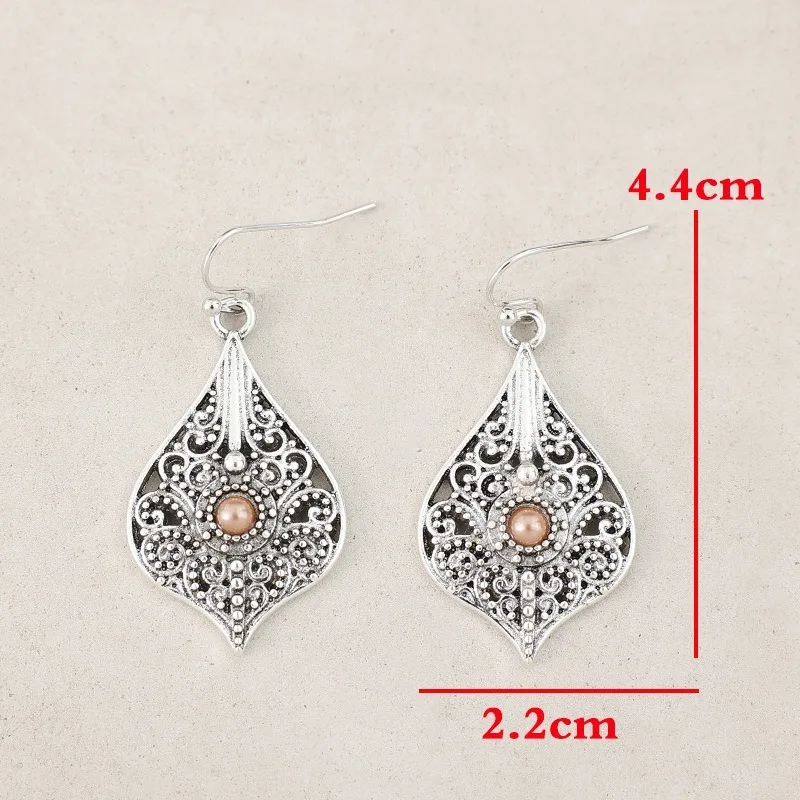 Ethnic Silver Color Round Brown Stone Hook Earrings Vintage Metal Carving Hollow Spiral Pattern Dangle Earrings for Women
