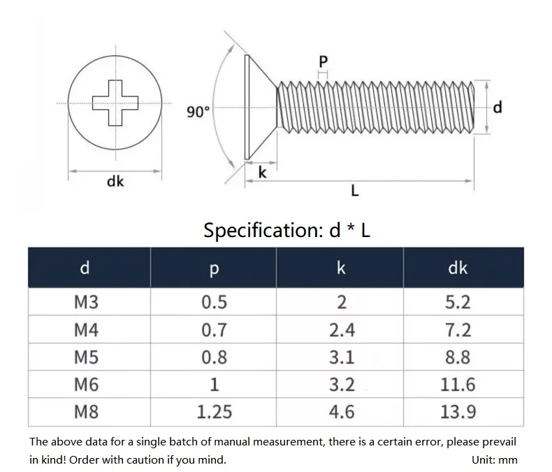 M3 M4 M5 M6 M8 YB819 304 Stainless Steel 500h Salt Spray Passivation Cross Phillips Flat Countersunk Head Screw Bolt