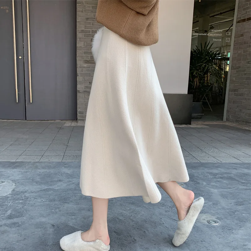 

Autumn Winter Thicken Skirts Women Elegant Fashion Casual All-match Harajuku Korean Soft Elastic Waist A-line Knitted Skirt