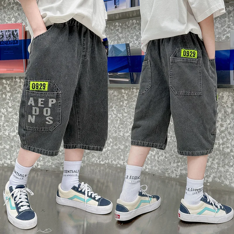 New Teenage Boys Denim Shorts Kids Summer Fashion Letter Printed Soft Capris For Children Casual Five-point Pants  4-14 Years